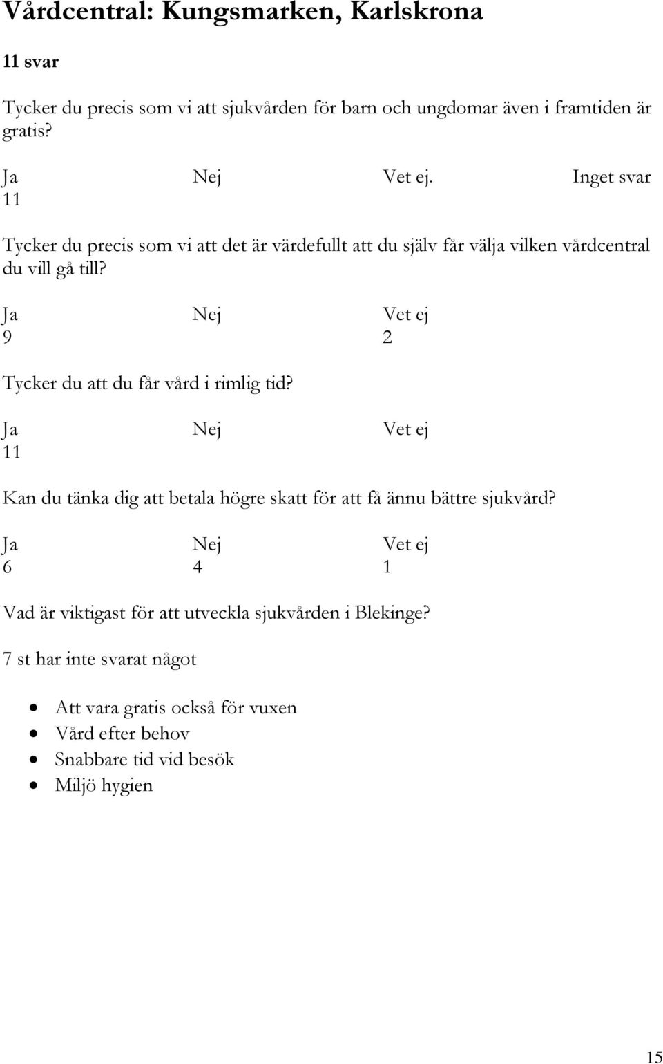 9 2 Tycker du att du får vård i rimlig tid? 11 Kan du tänka dig att betala högre skatt för att få ännu bättre sjukvård?