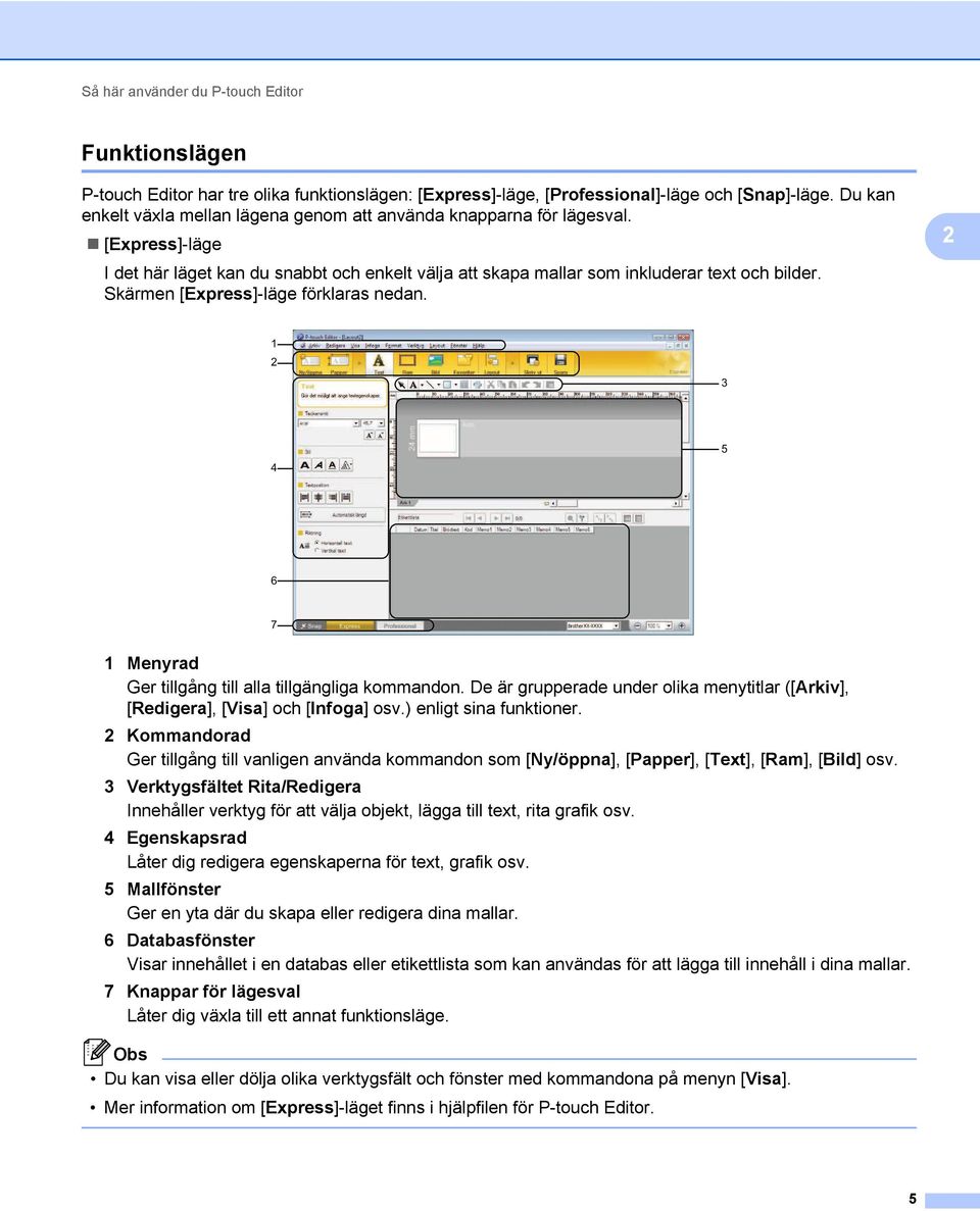 Skärmen [Express]-läge förklaras nedan. 2 1 2 3 4 5 6 7 1 Menyrad Ger tillgång till alla tillgängliga kommandon. De är grupperade under olika menytitlar ([Arkiv], [Redigera], [Visa] och [Infoga] osv.