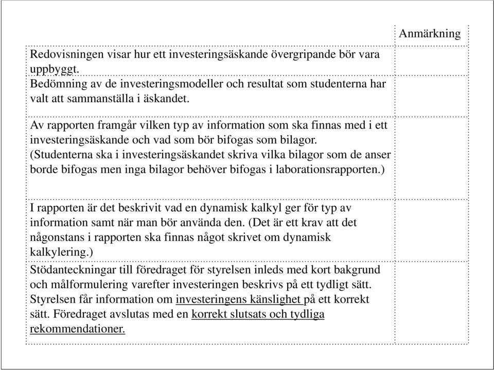 (Studenterna ska i investeringsäskandet skriva vilka bilagor som de anser borde bifogas men inga bilagor behöver bifogas i laborationsrapporten.