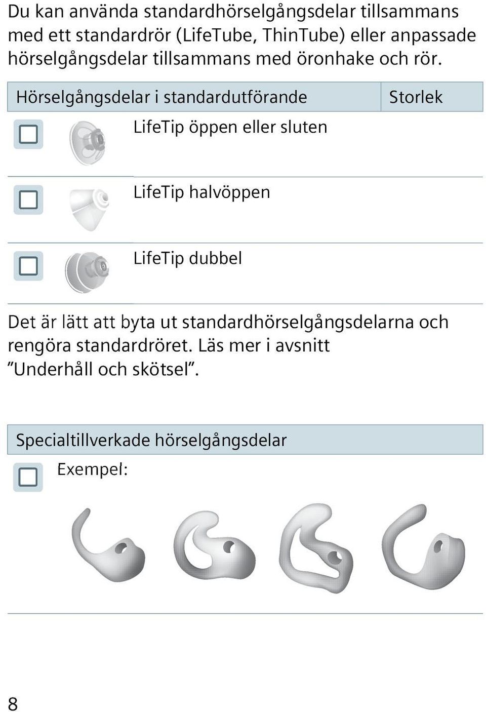 Hörselgångsdelar i standardutförande LifeTip öppen eller sluten Storlek LifeTip halvöppen LifeTip dubbel