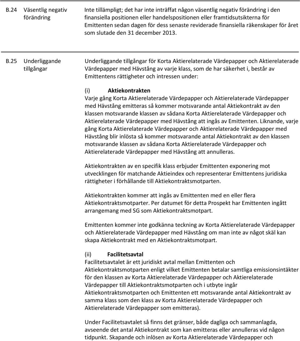 25 Underliggande tillgångar Underliggande tillgångar för Korta Aktierelaterade Värdepapper och Aktierelaterade Värdepapper med Hävstång av varje klass, som de har säkerhet i, består av Emittentens