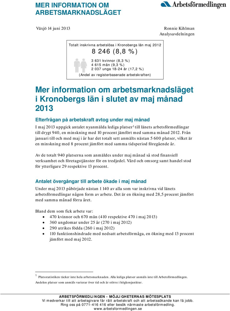 månad I maj 2013 uppgick antalet nyanmälda lediga platser 1 till länets arbetsförmedlingar till drygt 940, en minskning med 10 procent jämfört med samma månad 2012.