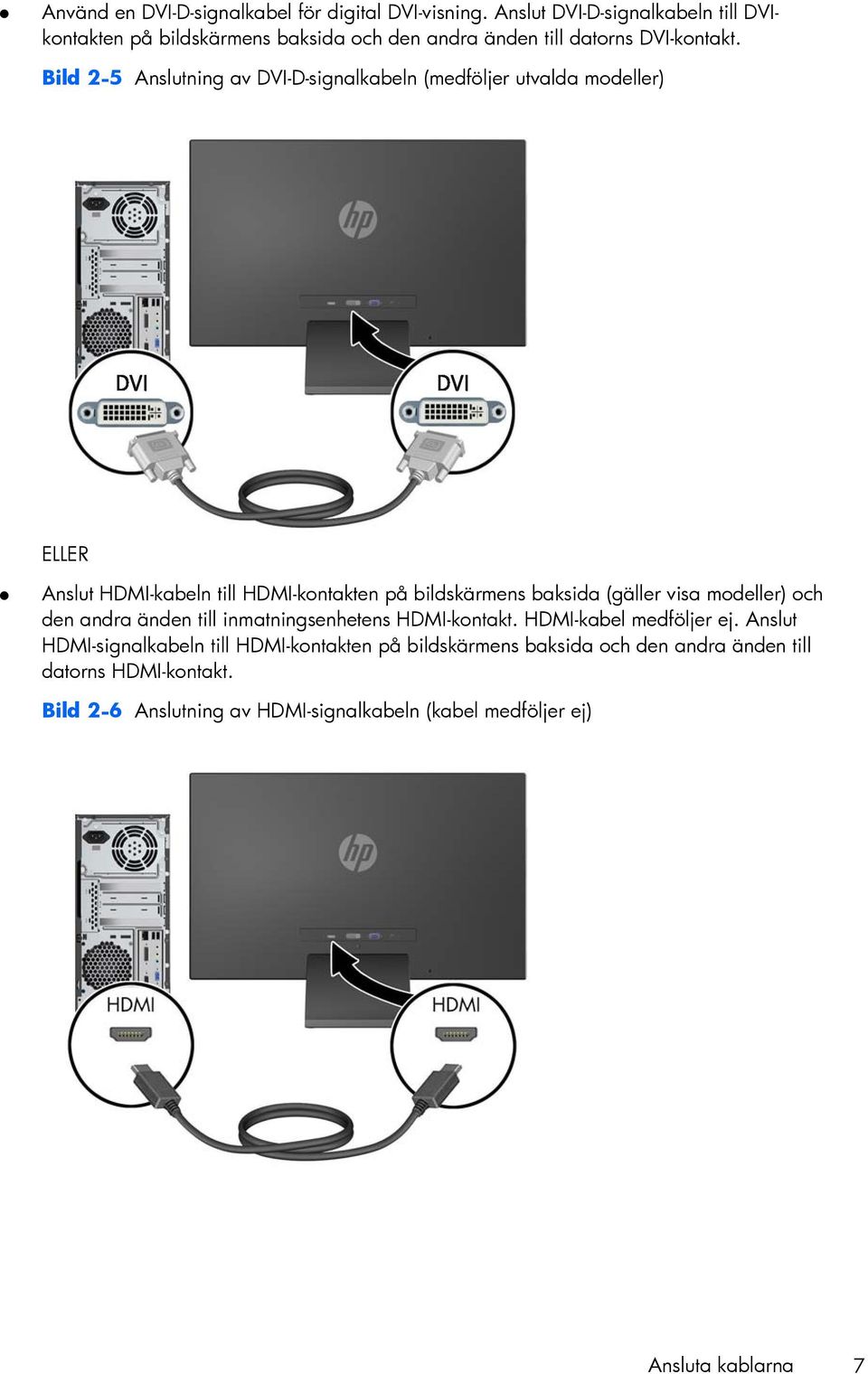 Bild 2-5 Anslutning av DVI-D-signalkabeln (medföljer utvalda modeller) ELLER Anslut HDMI-kabeln till HDMI-kontakten på bildskärmens baksida (gäller visa