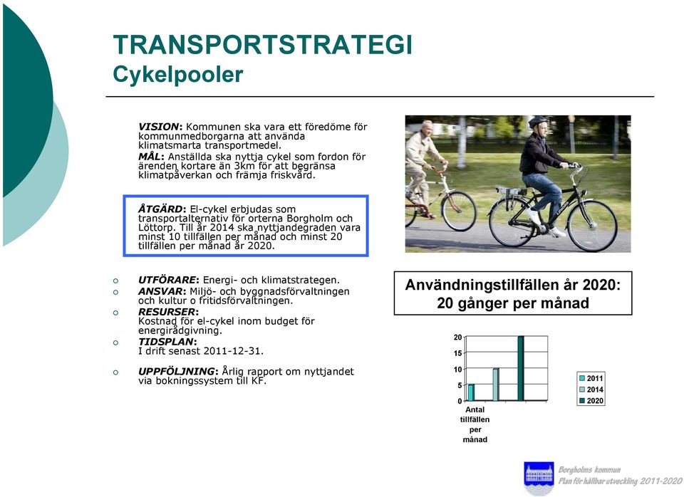 ÅTGÄRD: El-cykel erbjudas som transportalternativ för orterna Borgholm och Löttorp. Till år 214 ska nyttjandegraden vara minst 1 tillfällen per månad och minst 2 tillfällen per månad år.