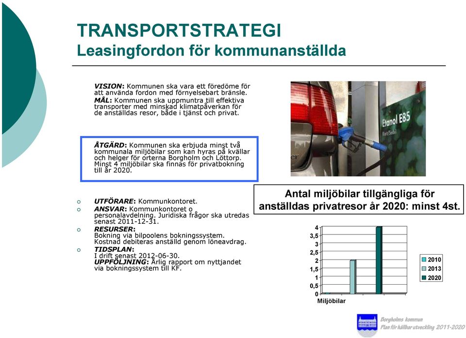 ÅTGÄRD: Kommunen ska erbjuda minst två kommunala miljöbilar som kan hyras på kvällar och helger för orterna Borgholm och Löttorp. Minst 4 miljöbilar ska finnas för privatbokning till år.