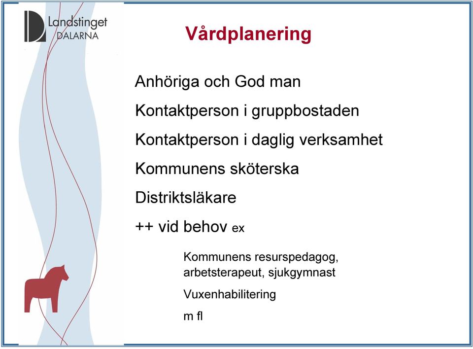 Kommunens sköterska Distriktsläkare ++ vid behov ex