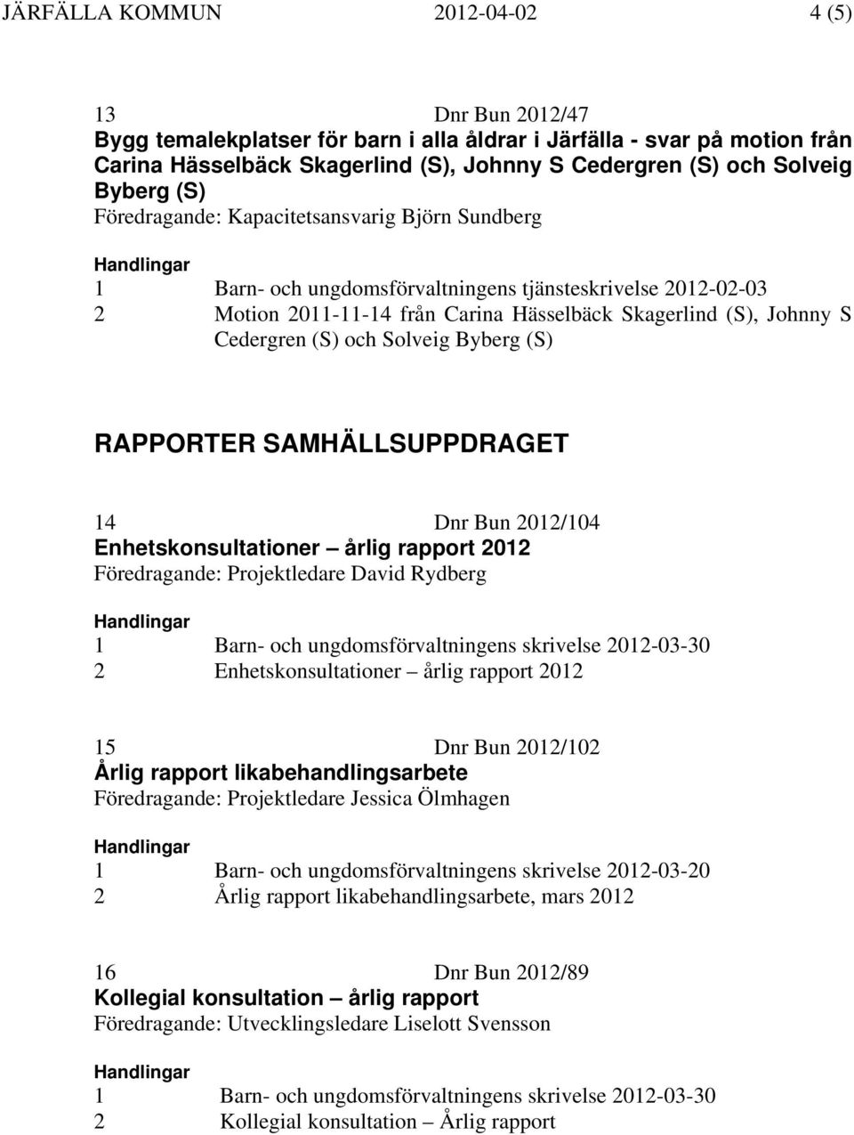 Cedergren (S) och Solveig Byberg (S) RAPPORTER SAMHÄLLSUPPDRAGET 14 Dnr Bun 2012/104 Enhetskonsultationer årlig rapport 2012 Föredragande: Projektledare David Rydberg Handlingar 1 Barn- och