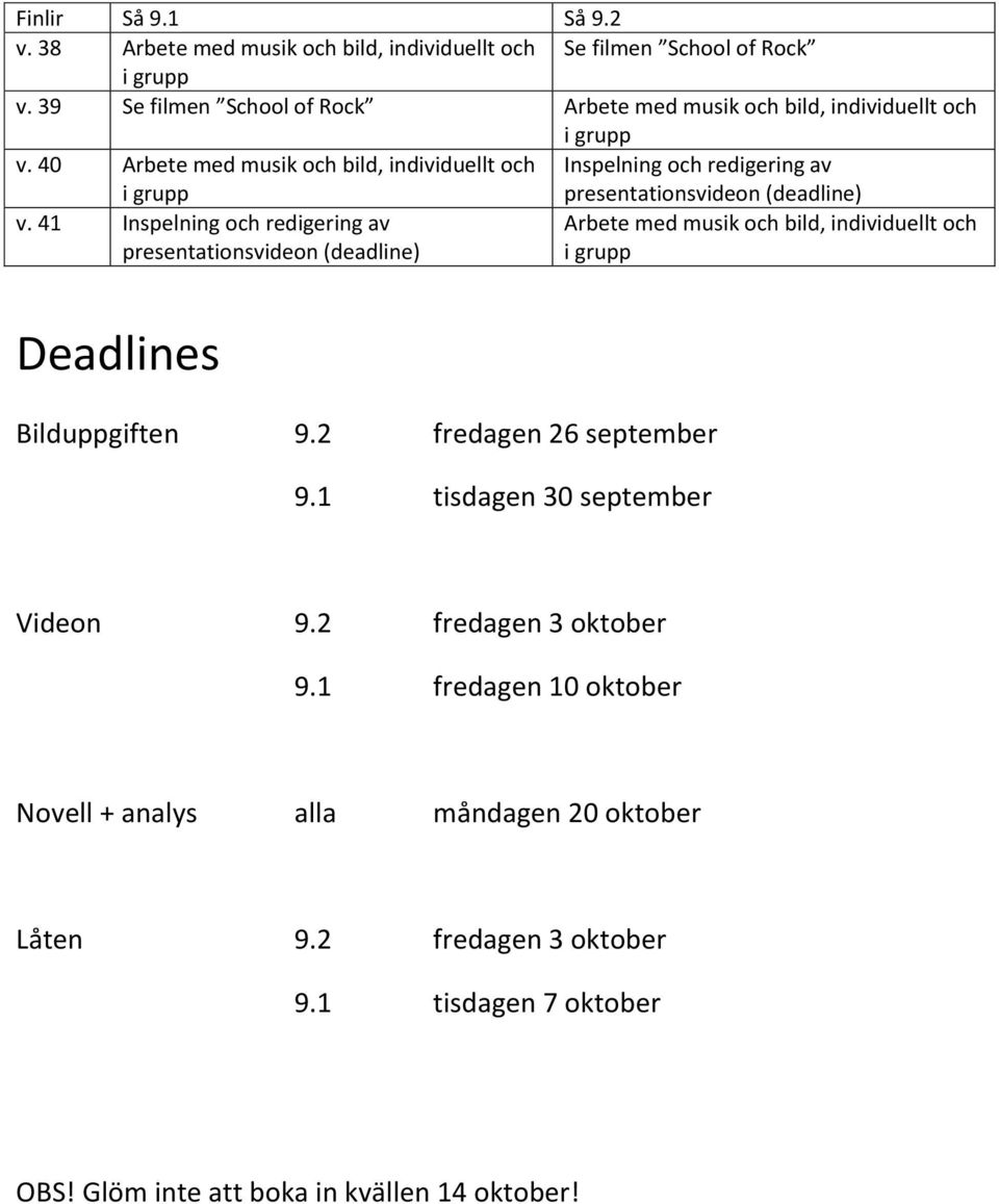 40 Arbete med musik och bild, individuellt och i Inspelning och redigering av presentationsvideon (deadline) v.