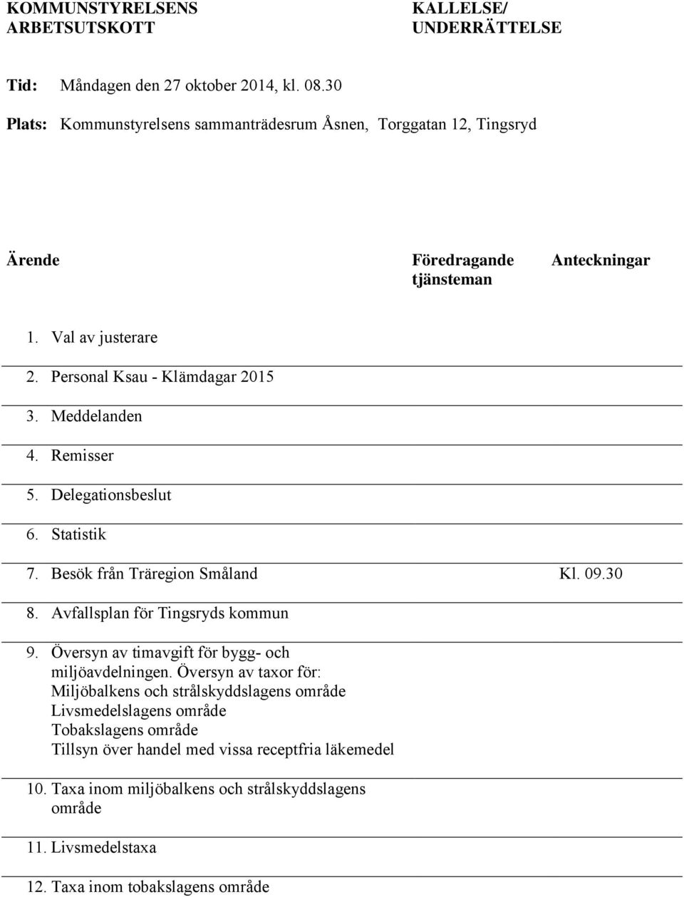 Meddelanden 4. Remisser 5. Delegationsbeslut 6. Statistik 7. Besök från Träregion Småland Kl. 09.30 8. Avfallsplan för Tingsryds kommun 9.