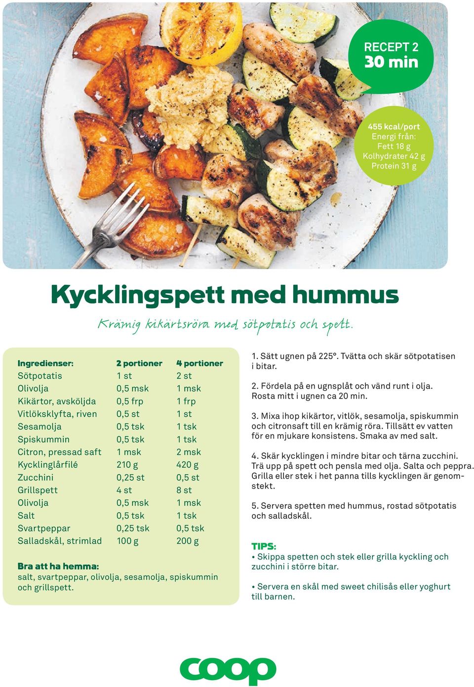 Zucchini 0,25 st 0,5 st Grillspett 4 st 8 st Salt 0,5 tsk 1 tsk Svartpeppar 0,25 tsk 0,5 tsk Salladskål, strimlad 100 g 200 g salt, svartpeppar, olivolja, sesamolja, spiskummin och grillspett. 1. Sätt ugnen på 225.