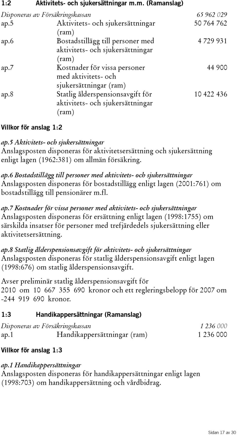 8 Statlig ålderspensionsavgift för aktivitets- och sjukersättningar (ram) 10422436 Villkor för anslag 1:2 ap.