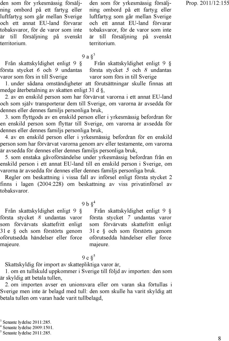 Från skattskyldighet enligt 9 första stycket 6 och 9 undantas varor som förs in till Sverige 9 a 3 Från skattskyldighet enligt 9 första stycket 5 och 8 undantas varor som förs in till Sverige 1.