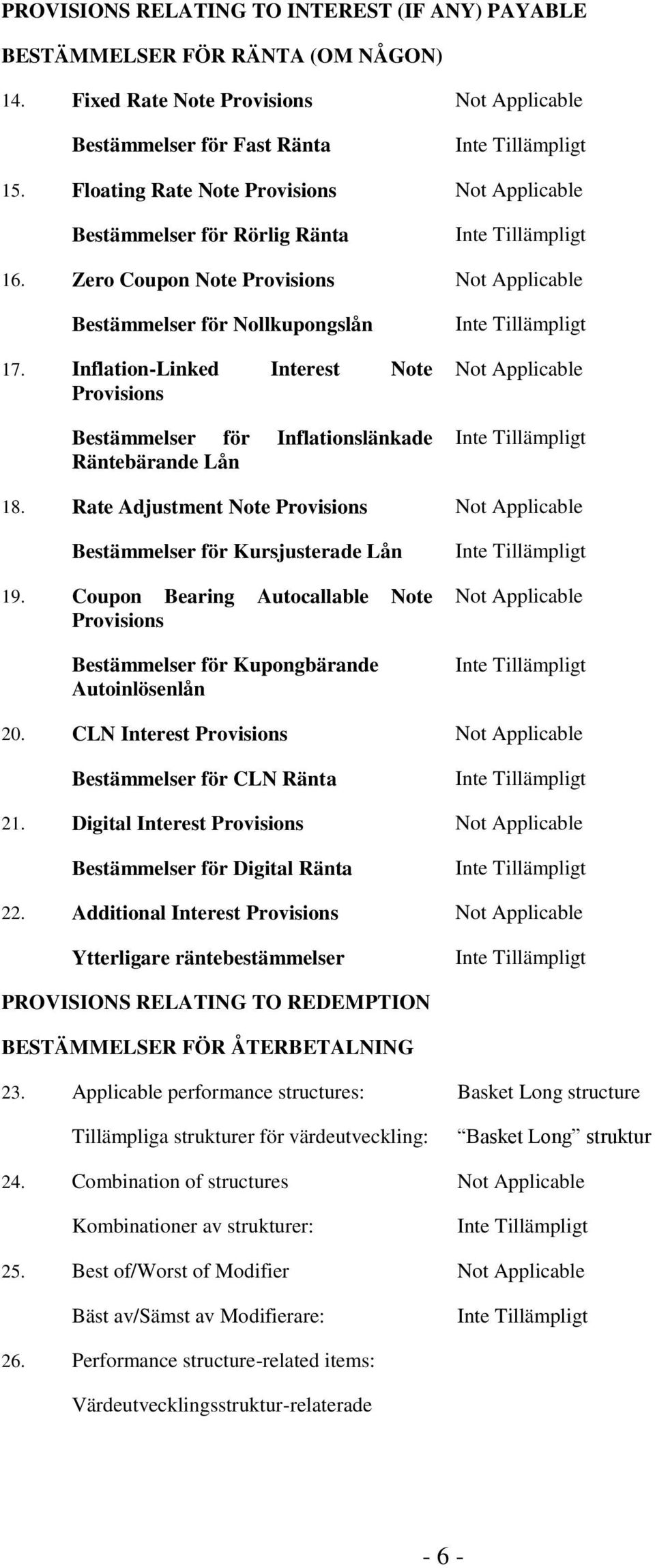 Inflation-Linked Interest Note Provisions Bestämmelser för Inflationslänkade Räntebärande Lån Not Applicable 18. Rate Adjustment Note Provisions Not Applicable Bestämmelser för Kursjusterade Lån 19.