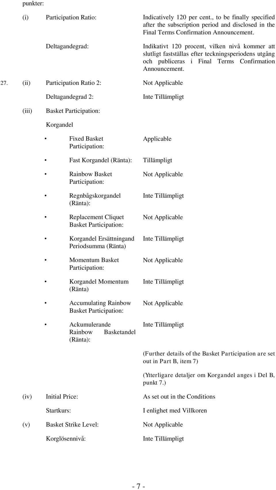 (ii) Participation Ratio 2: Not Applicable Deltagandegrad 2: (iii) Basket Participation: Korgandel Fixed Basket Participation: Applicable Fast Korgandel (Ränta): Tillämpligt Rainbow Basket