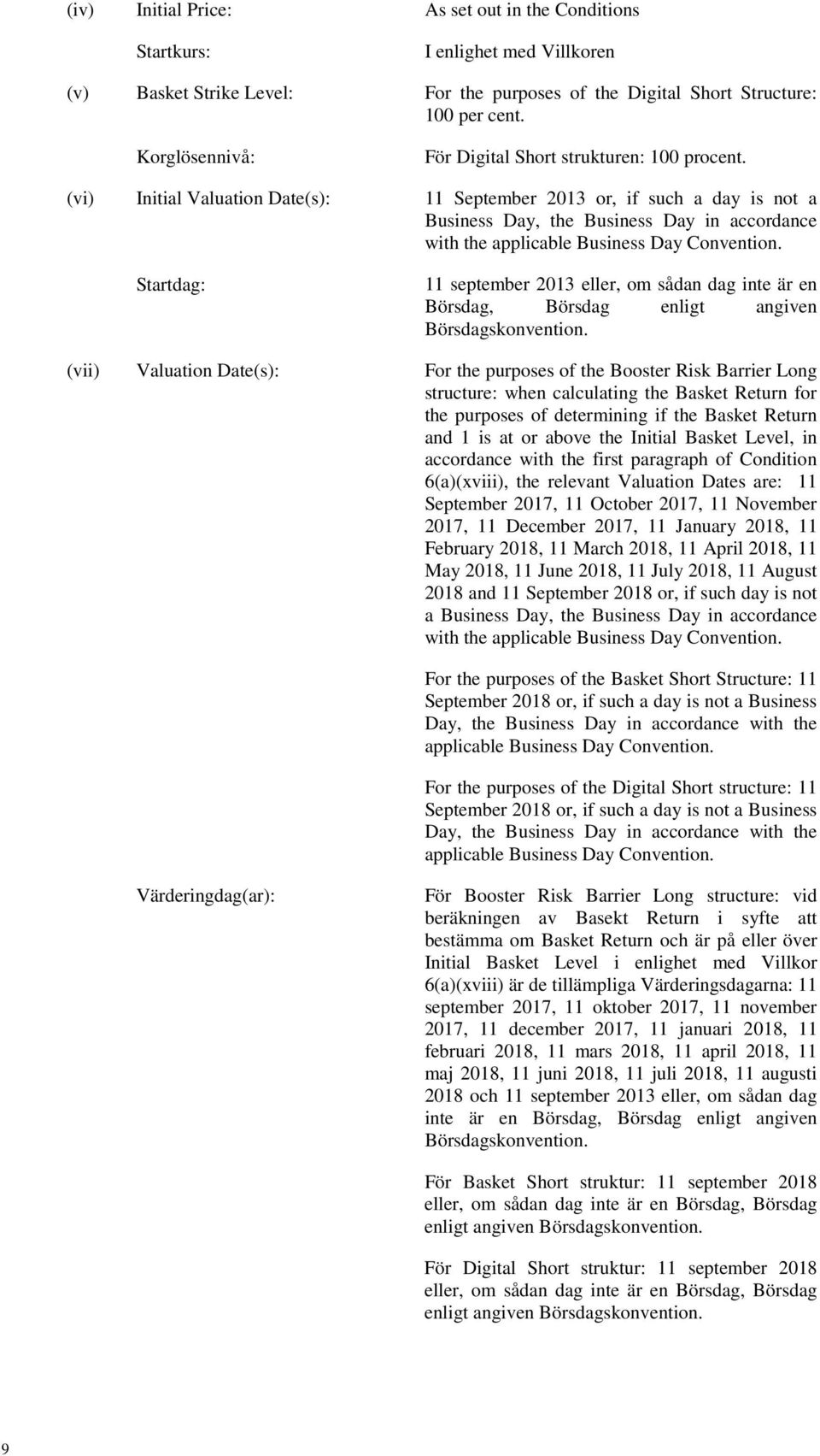 (vi) Initial Valuation Date(s): 11 September 2013 or, if such a day is not a Business Day, the Business Day in accordance with the applicable Business Day Convention.