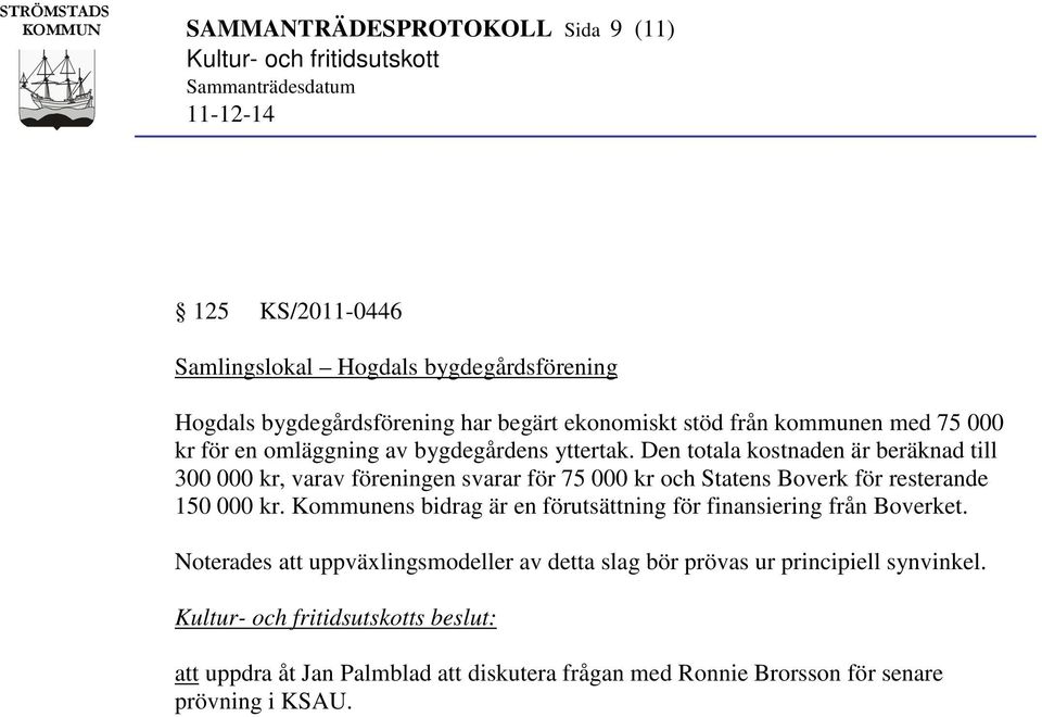 Den totala kostnaden är beräknad till 300 000 kr, varav föreningen svarar för 75 000 kr och Statens Boverk för resterande 150 000 kr.