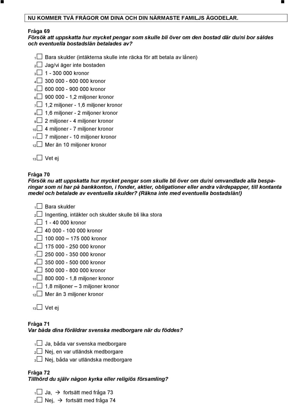 1 Bara skulder (intäkterna skulle inte räcka för att betala av lånen) 2 Jag/vi äger inte bostaden 3 1-300 000 kronor 4 300 000-600 000 kronor 5 600 000-900 000 kronor 6 900 000-1,2 miljoner kronor 7