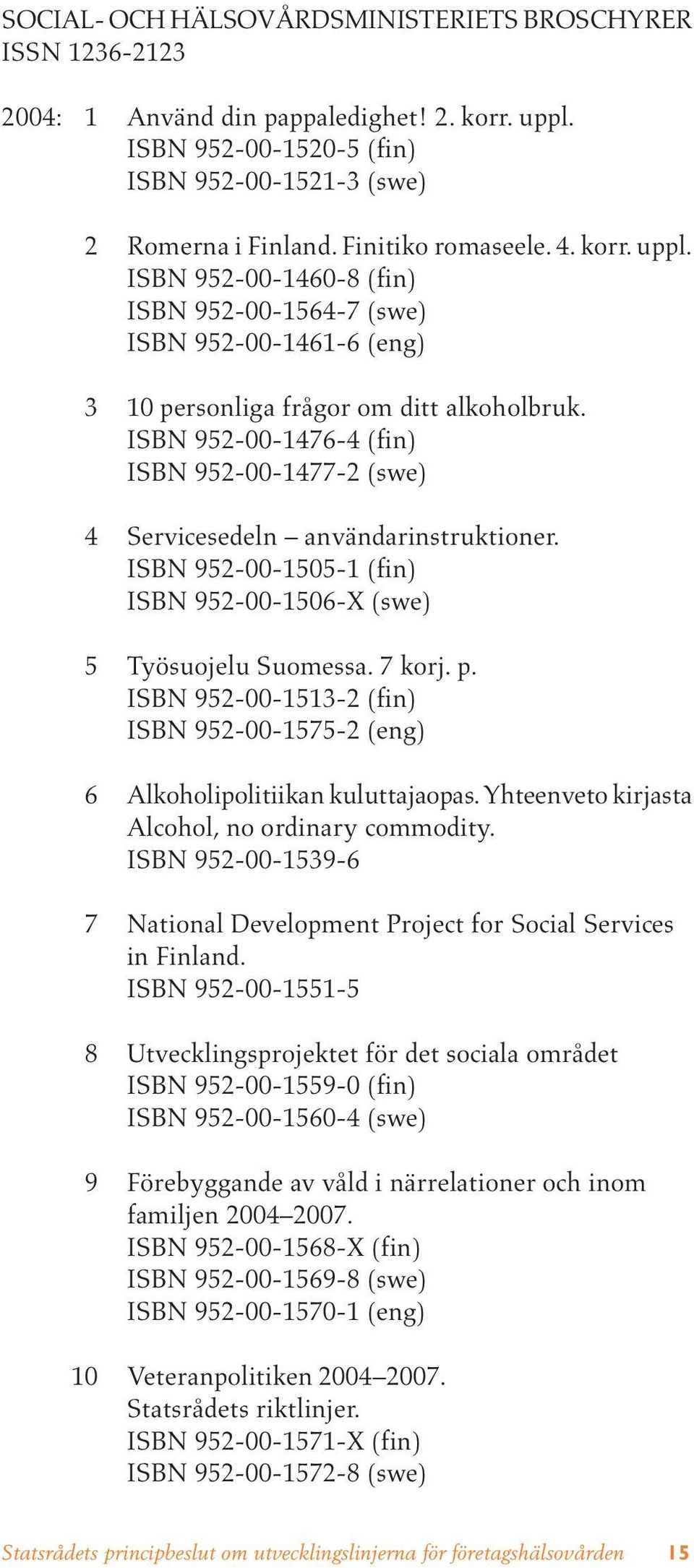 ISBN 952-00-1476-4 (fin) ISBN 952-00-1477-2 (swe) 4 Servicesedeln användarinstruktioner. ISBN 952-00-1505-1 (fin) ISBN 952-00-1506-X (swe) 5 Työsuojelu Suomessa. 7 korj. p.