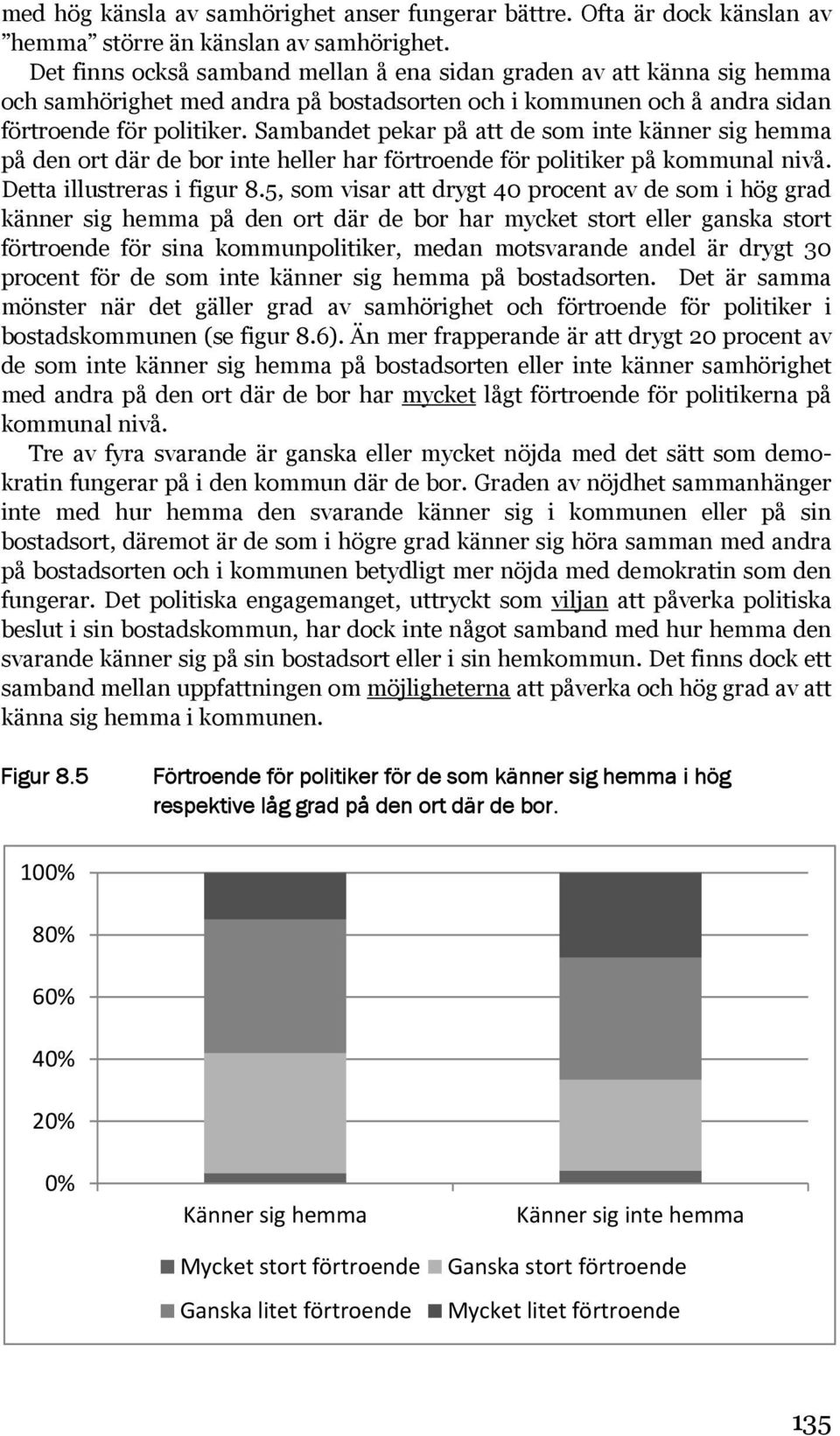 Sambandet pekar på att de som inte känner sig hemma på den ort där de bor inte heller har förtroende för politiker på kommunal nivå. Detta illustreras i figur 8.