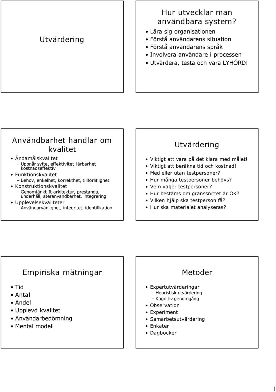 Genomtänkt It-arkitektur, prestanda, underhåll, återanvändbarhet, integrering Upplevelsekvaliteter Användarvänlighet, integritet, identifikation Utvärdering Viktigt att vara på det klara med målet!