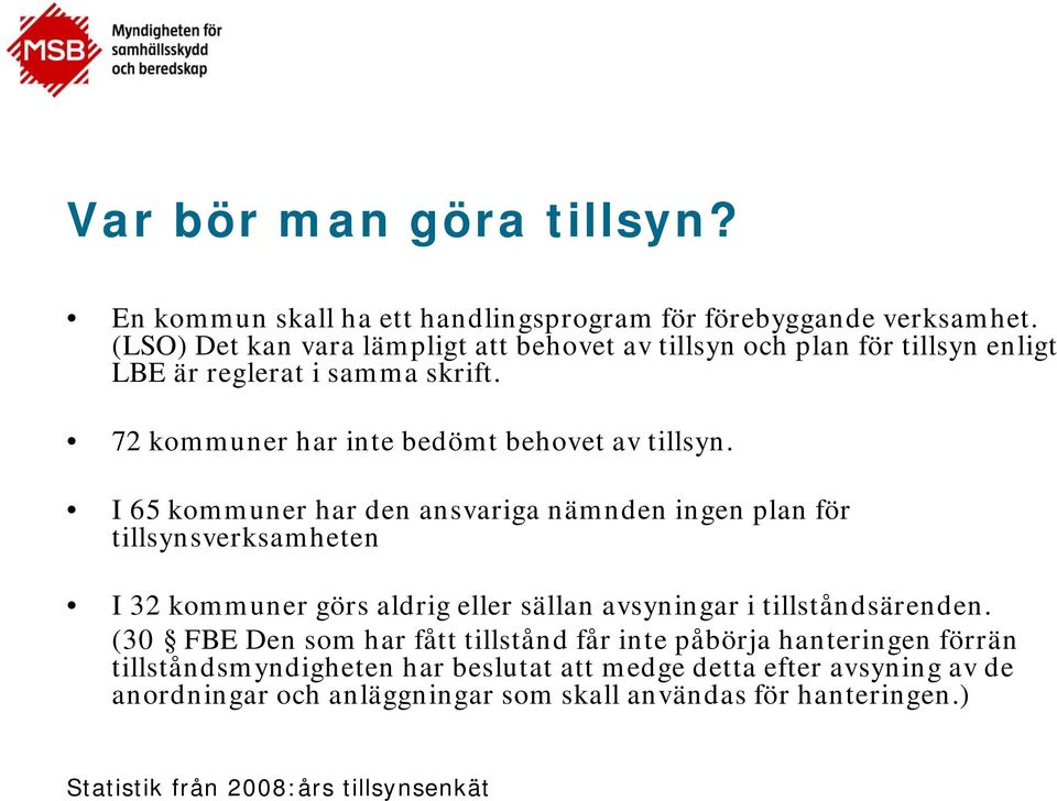 I 65 kommuner har den ansvariga nämnden ingen plan för tillsynsverksamheten I 32 kommuner görs aldrig eller sällan avsyningar i tillståndsärenden.