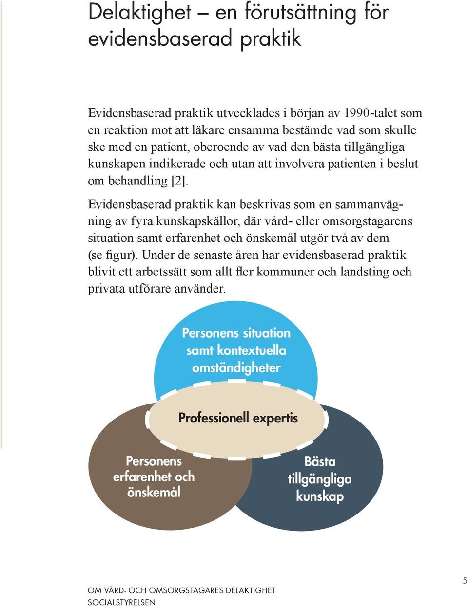 Evidensbaserad praktik kan beskrivas som en sammanvägning av fyra kunskapskällor, där vård- eller omsorgstagarens situation samt erfarenhet och önskemål utgör två av dem (se figur).