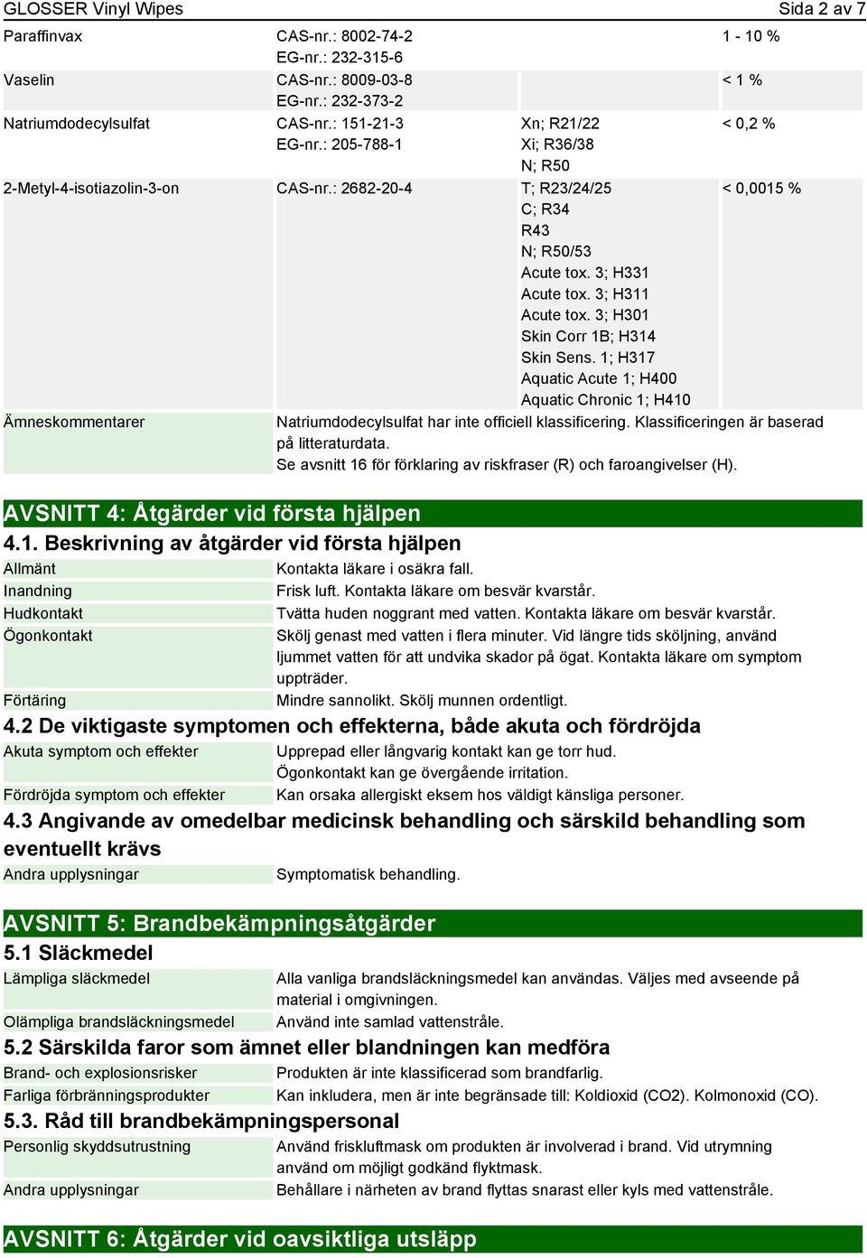 3; H311 Acute tox. 3; H301 Skin Corr 1B; H314 Skin Sens. 1; H317 Aquatic Acute 1; H400 Aquatic Chronic 1; H410 Ämneskommentarer Natriumdodecylsulfat har inte officiell klassificering.