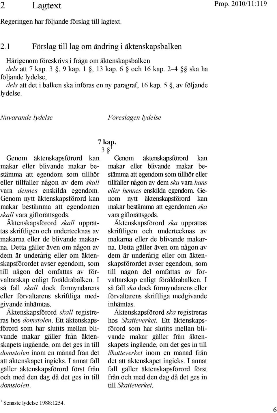 Nuvarande lydelse Föreslagen lydelse Genom äktenskapsförord kan makar eller blivande makar bestämma att egendom som tillhör eller tillfaller någon av dem skall vara dennes enskilda egendom.