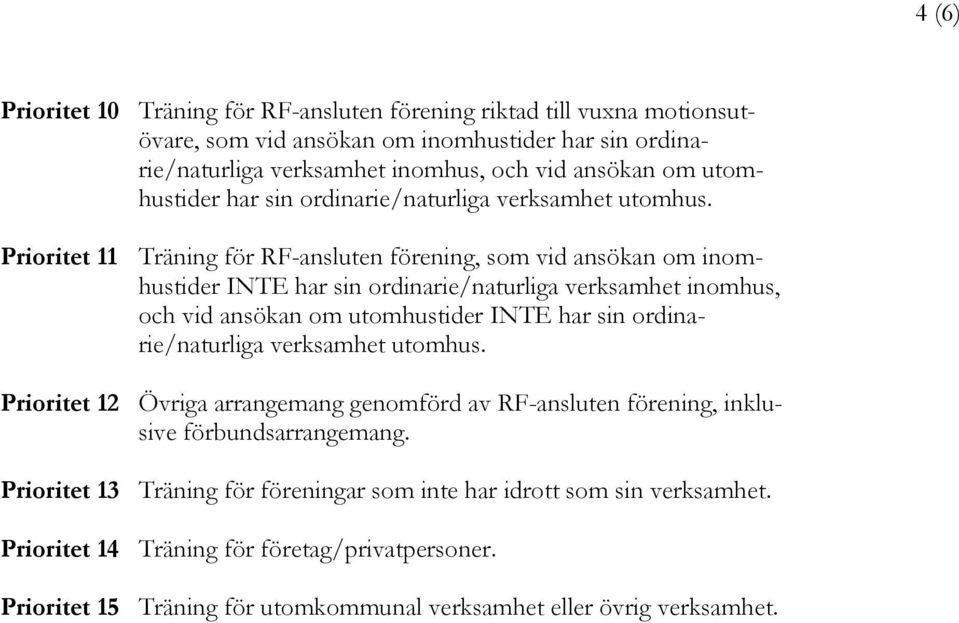 Prioritet 11 Träning för RF-ansluten förening, som vid ansökan om inomhustider INTE har sin ordinarie/naturliga verksamhet inomhus, och vid ansökan om utomhustider INTE har sin