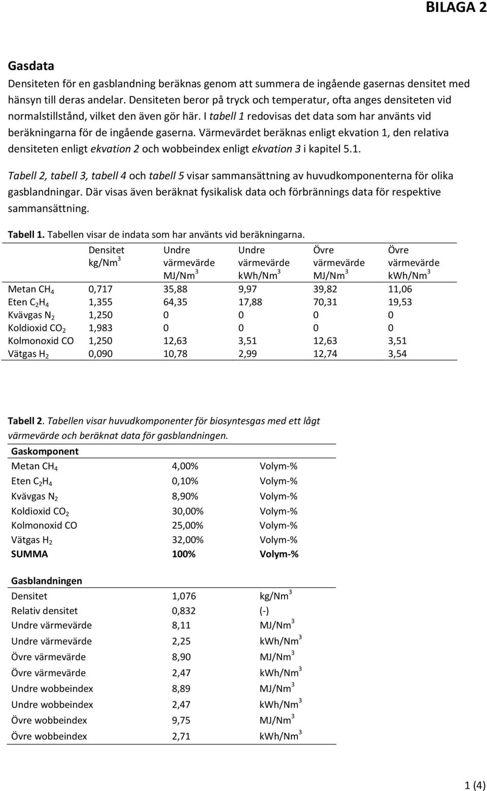 Värmevärdet beräknas enligt ekvation 1, den relativa densiteten enligt ekvation 2 och wobbeindex enligt ekvation 3 i kapitel 5.1. Tabell 2, tabell 3, tabell 4 och tabell 5 visar sammansättning av huvudkomponenterna för olika gasblandningar.