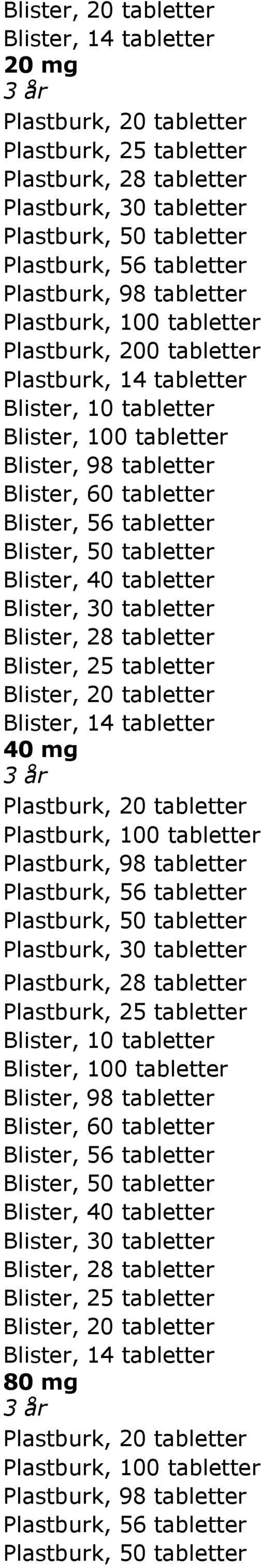 tabletter Blister, 40 tabletter Blister, 25 tabletter Blister, 20 tabletter Blister, 14 tabletter 40 mg 3 år Plastburk, 20 tabletter Plastburk, 100 tabletter Plastburk, 98 tabletter Plastburk, 56