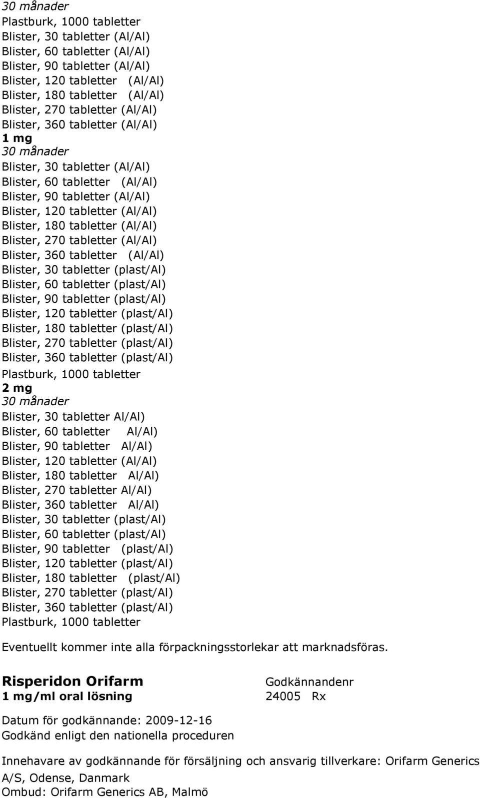 (Al/Al) Blister, 360 tabletter (Al/Al) (plast/al) Blister, 60 tabletter (plast/al) Blister, 90 tabletter (plast/al) Blister, 120 tabletter (plast/al) Blister, 180 tabletter (plast/al) Blister, 270