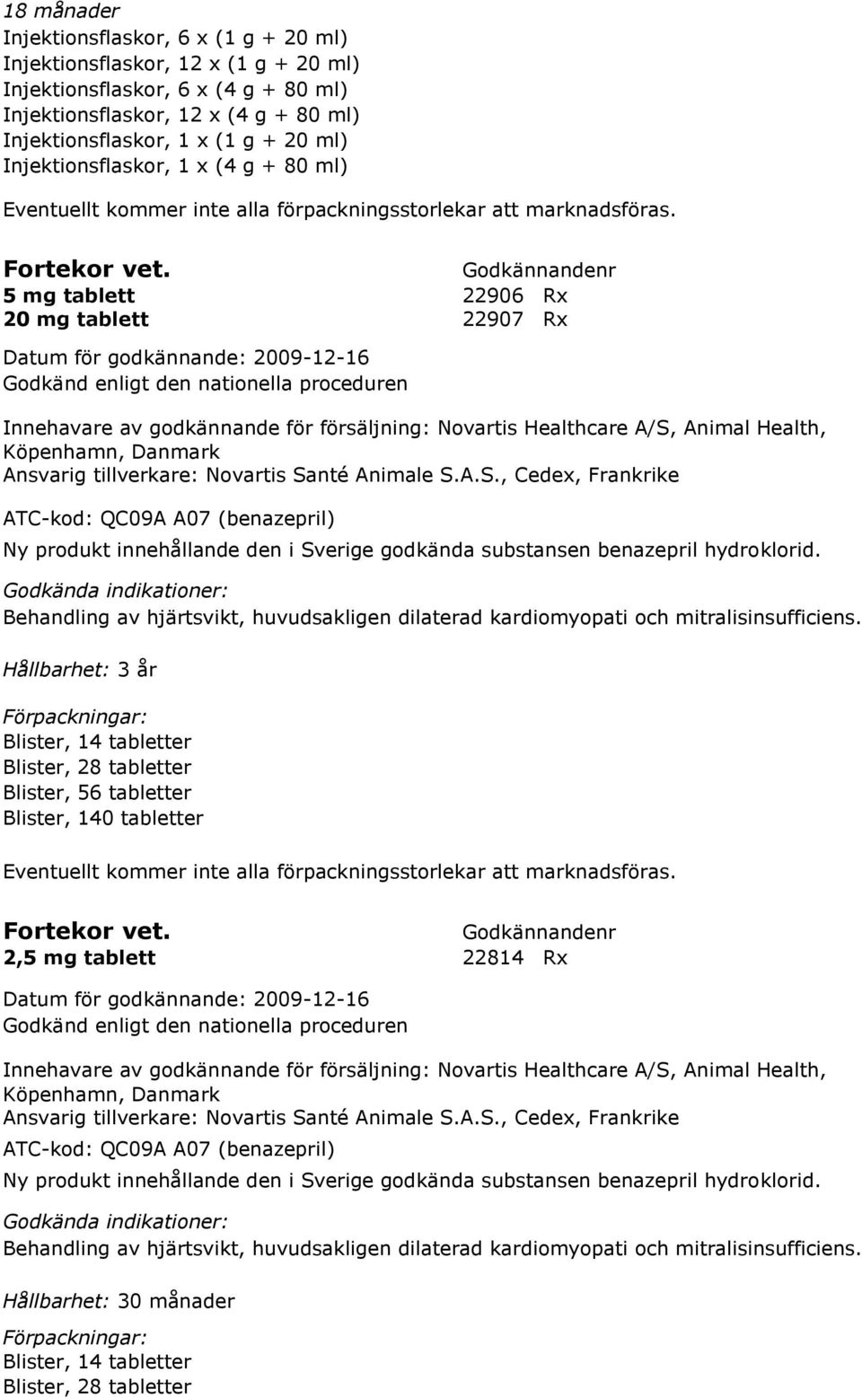 5 mg tablett 22906 Rx 20 mg tablett 22907 Rx Godkänd enligt den nationella proceduren Innehavare av godkännande för försäljning: Novartis Healthcare A/S, Animal Health, Köpenhamn, Danmark Ansvarig