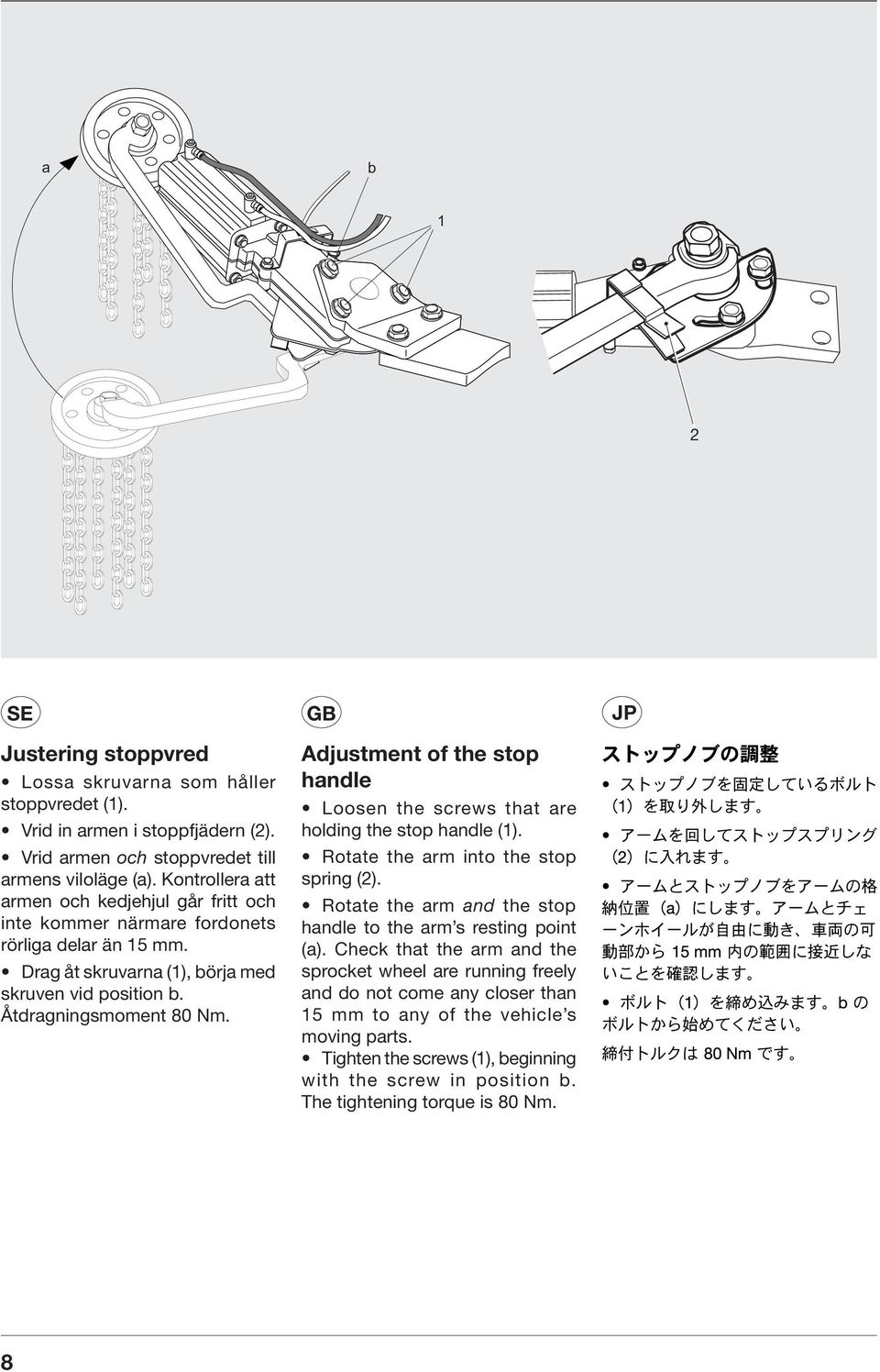 Adjustment of the stop handle Loosen the screws that are holding the stop handle (). Rotate the arm into the stop spring (2). Rotate the arm and the stop handle to the arm s resting point (a).