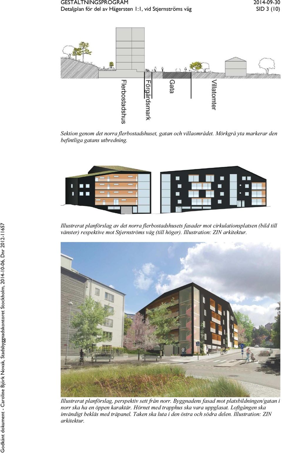 Illustrerat planförslag av det norra flerbostadshusets fasader mot cirkulationsplatsen (bild till vänster) respektive mot Stjernströms väg (till höger).