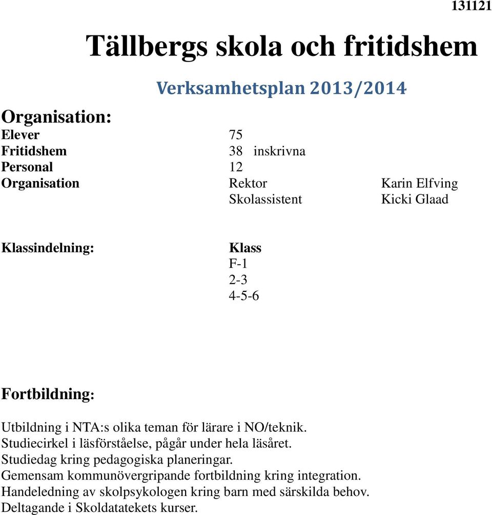 teman för lärare i NO/teknik. Studiecirkel i läsförståelse, pågår under hela läsåret. Studiedag kring pedagogiska planeringar.