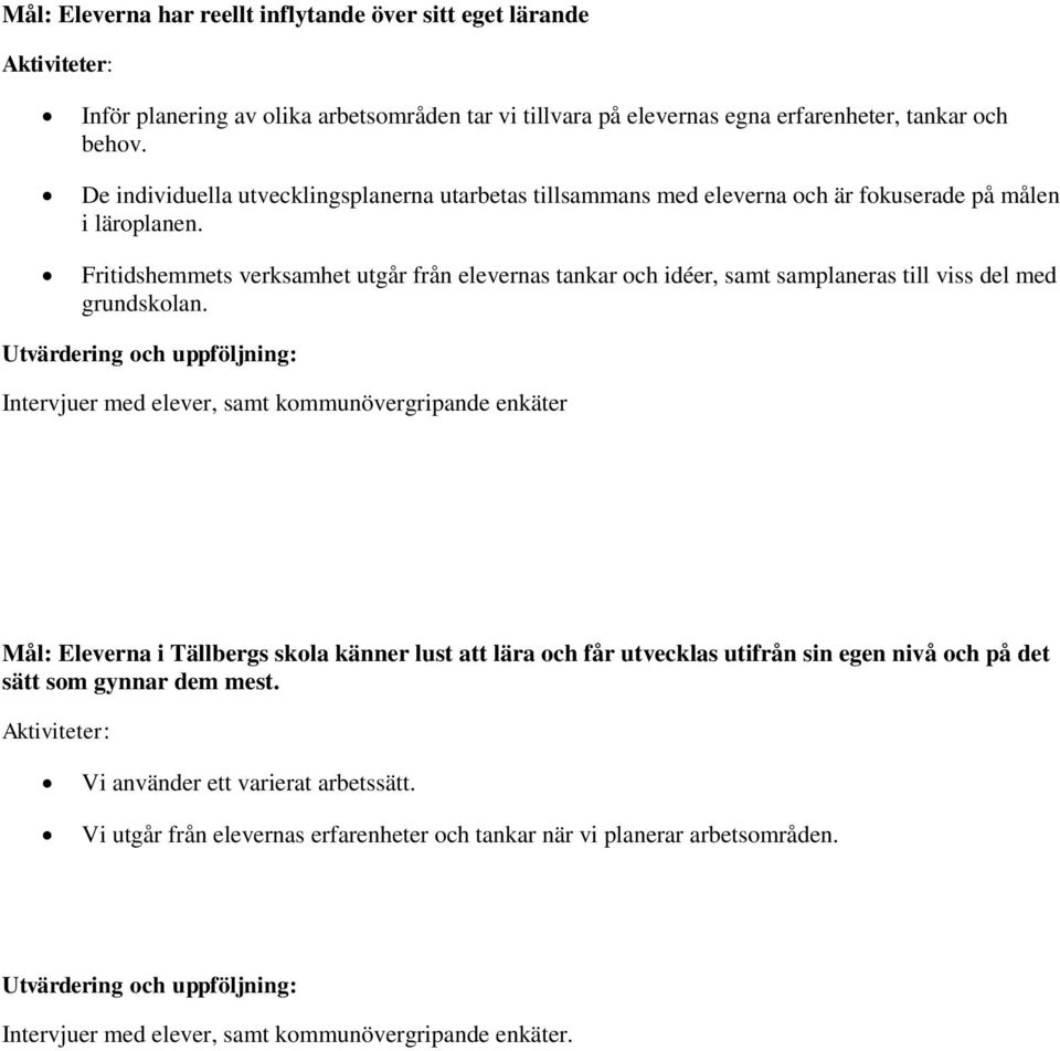 Fritidshemmets verksamhet utgår från elevernas tankar och idéer, samt samplaneras till viss del med grundskolan.