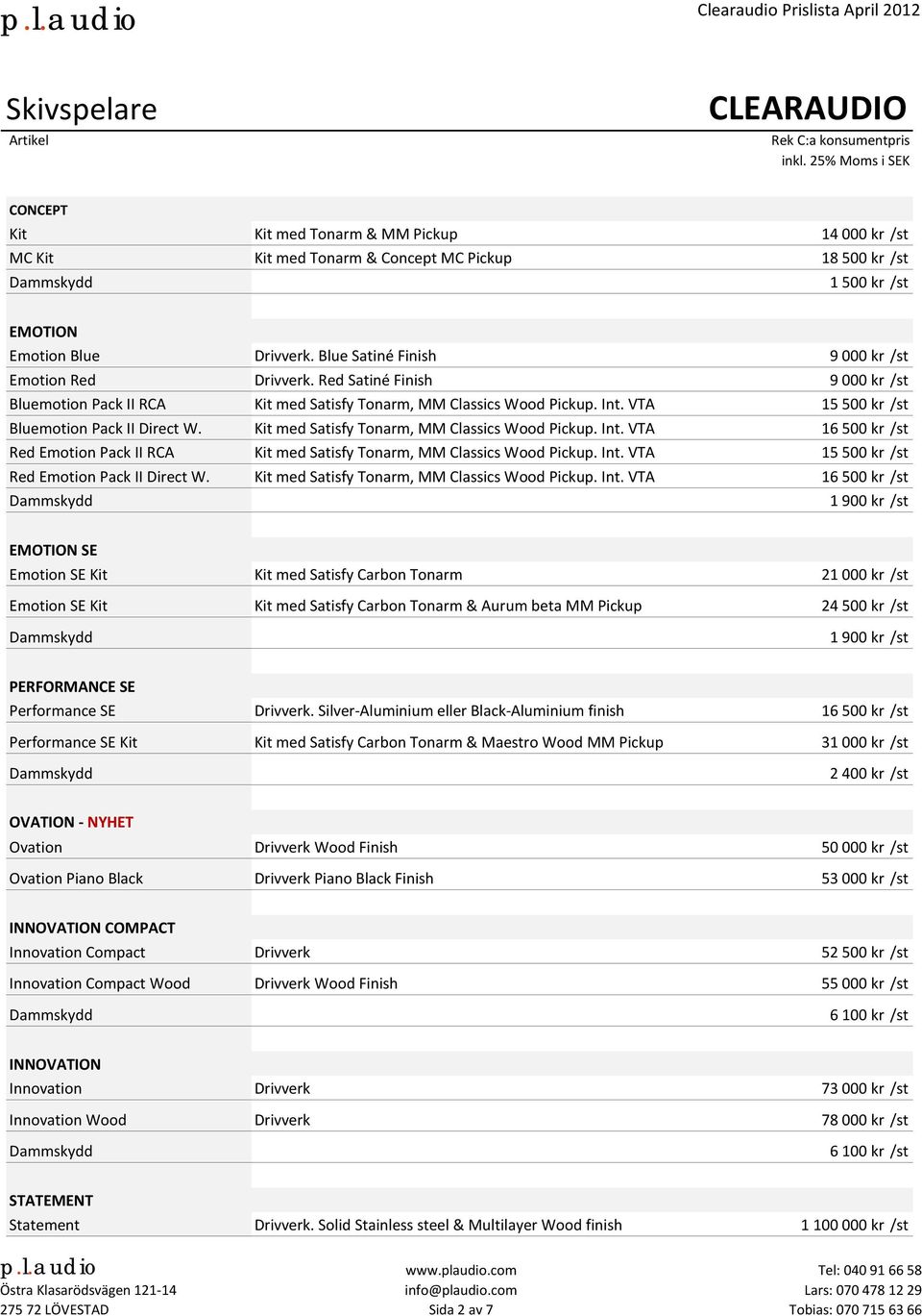 VTA 15 500 kr /st Bluemotion Pack II Direct W. Kit med Satisfy Tonarm, MM Classics Wood Pickup. Int. VTA 16 500 kr /st Red Emotion Pack II RCA Kit med Satisfy Tonarm, MM Classics Wood Pickup. Int. VTA 15 500 kr /st Red Emotion Pack II Direct W.