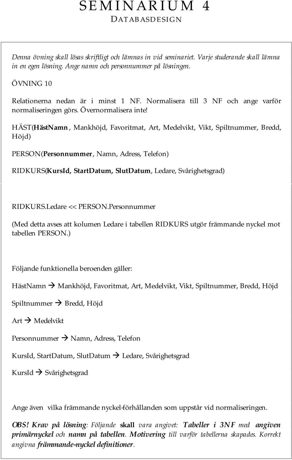 HÄST(HästNamn, Mankhöjd, Favoritmat, Art, Medelvikt, Vikt, Spiltnummer, Bredd, Höjd) PERSON(Personnummer, Namn, Adress, Telefon) RIDKURS(KursId, StartDatum, SlutDatum, Ledare, Svårighetsgrad) RIDKURS.