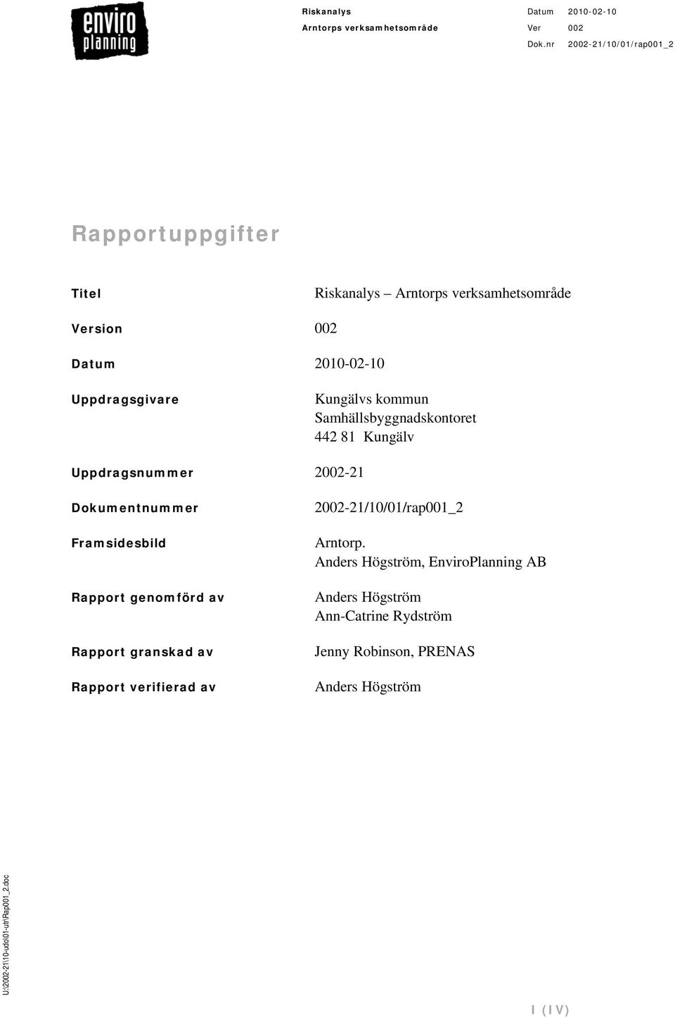 Dokumentnummer Framsidesbild Rapport genomförd av Rapport granskad av Rapport verifierad av Arntorp.