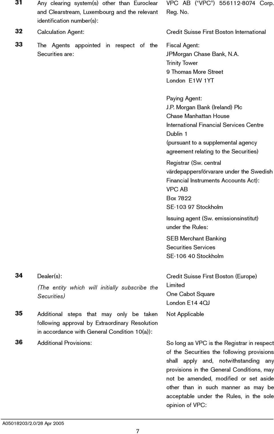 P. Morgan Bank (Ireland) Plc Chase Manhattan House International Financial Services Centre Dublin 1 (pursuant to a supplemental agency agreement relating to the Securities) Registrar (Sw.