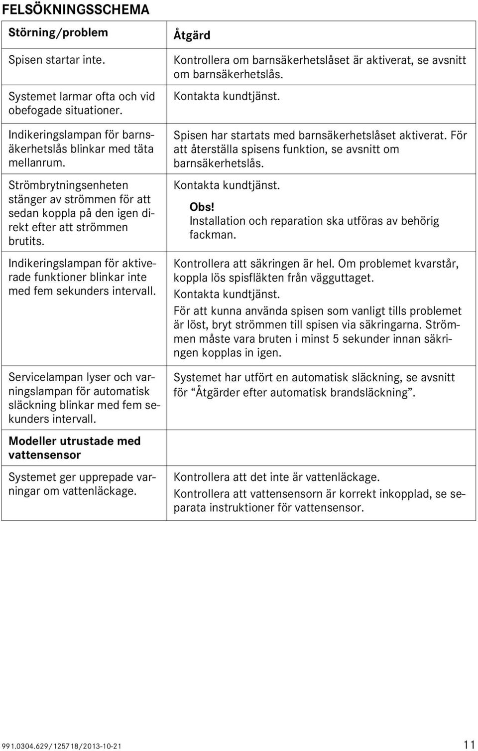 Servicelampan lyser och varningslampan för automatisk släckning blinkar med fem sekunders intervall. Modeller utrustade med vattensensor Systemet ger upprepade varningar om vattenläckage.