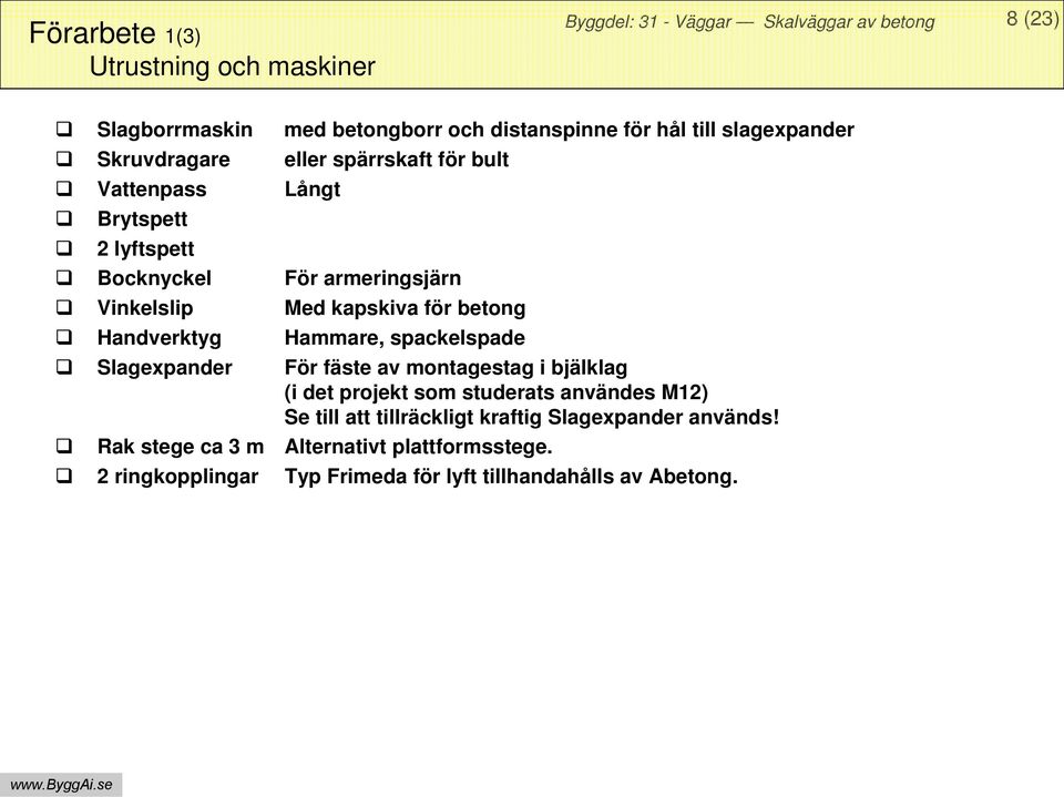 Hammare, spackelspade Slagexpander För fäste av montagestag i bjälklag (i det projekt som studerats användes M12) Se till att