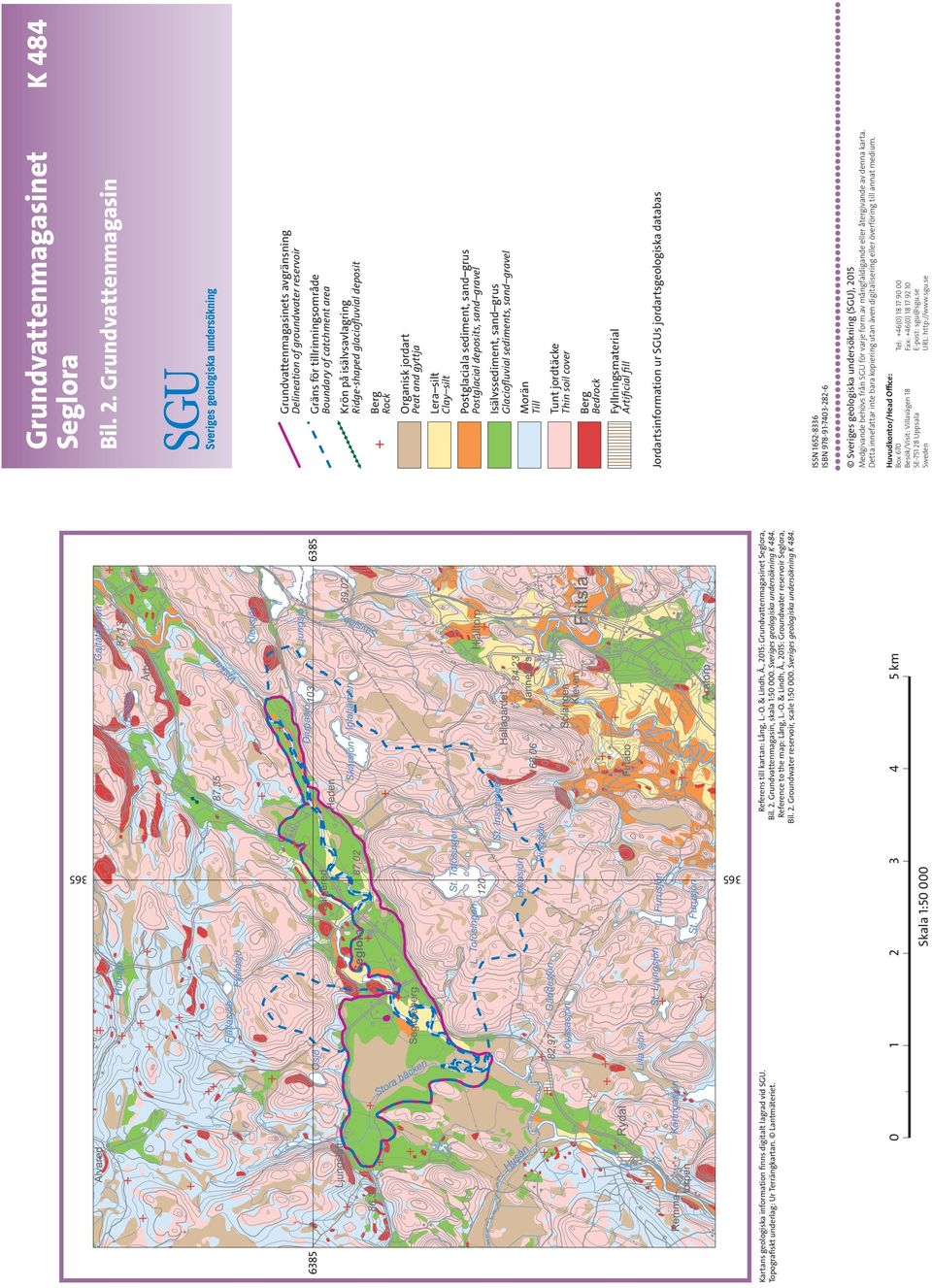 , 2015: Groundwater reservoir Seglora, Bil. 2. Groundwater reservoir, scale 1:50 000. Sveriges geologiska undersökning K 484. 0 1 2 3 4 5 km Skala 1:50 000 Grundvattenmagasinet Seglora Bil. 2.