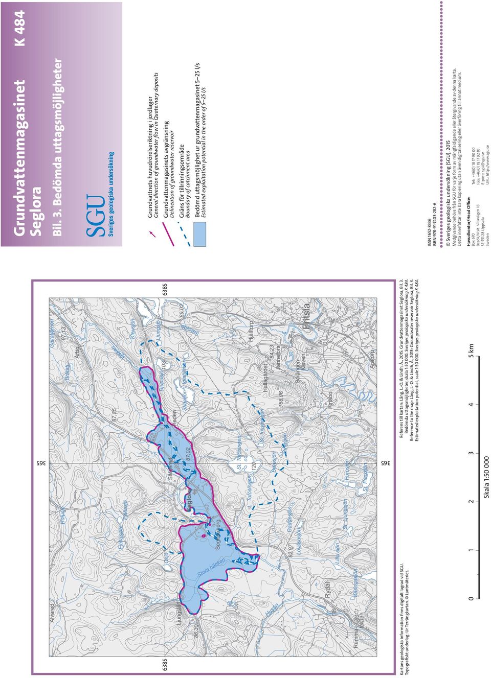 , 2015: Groundwater reservoir Seglora, Bil. 3. Estimated exploitation potential, scale 1:50 000. Sveriges geologiska undersökning K 484. 0 1 2 3 4 5 km Skala 1:50 000 Grundvattenmagasinet Seglora Bil.