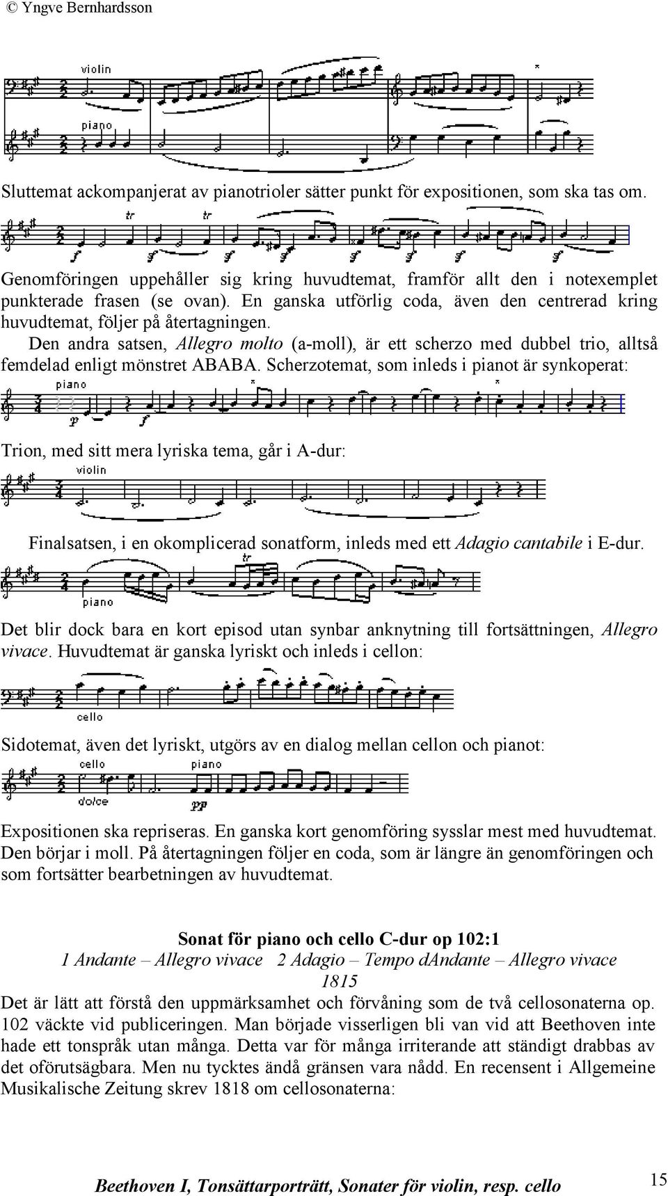 Scherzotemat, som inleds i pianot är synkoperat: Trion, med sitt mera lyriska tema, går i A-dur: Finalsatsen, i en okomplicerad sonatform, inleds med ett Adagio cantabile i E-dur.