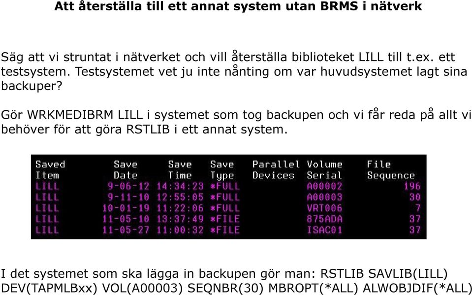 Gör WRKMEDIBRM LILL i systemet som tog backupen och vi får reda på allt vi behöver för att göra RSTLIB i ett annat system.