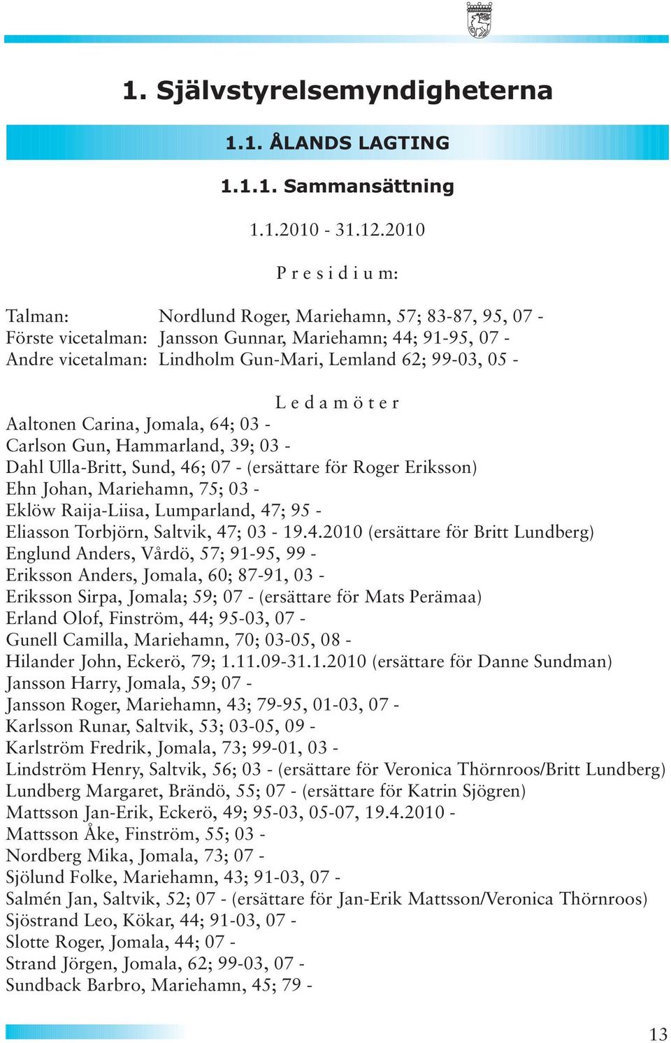 - L e d a m ö t e r Aaltonen Carina, Jomala, 64; 03 - Carlson Gun, Hammarland, 39; 03 - Dahl Ulla-Britt, Sund, 46; 07 - (ersättare för Roger Eriksson) Ehn Johan, Mariehamn, 75; 03 - Eklöw