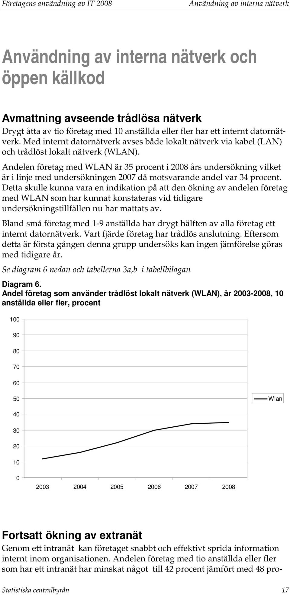 Andelen företag med WLAN är 35 procent i 2008 års undersökning vilket är i linje med undersökningen 2007 då motsvarande andel var 34 procent.