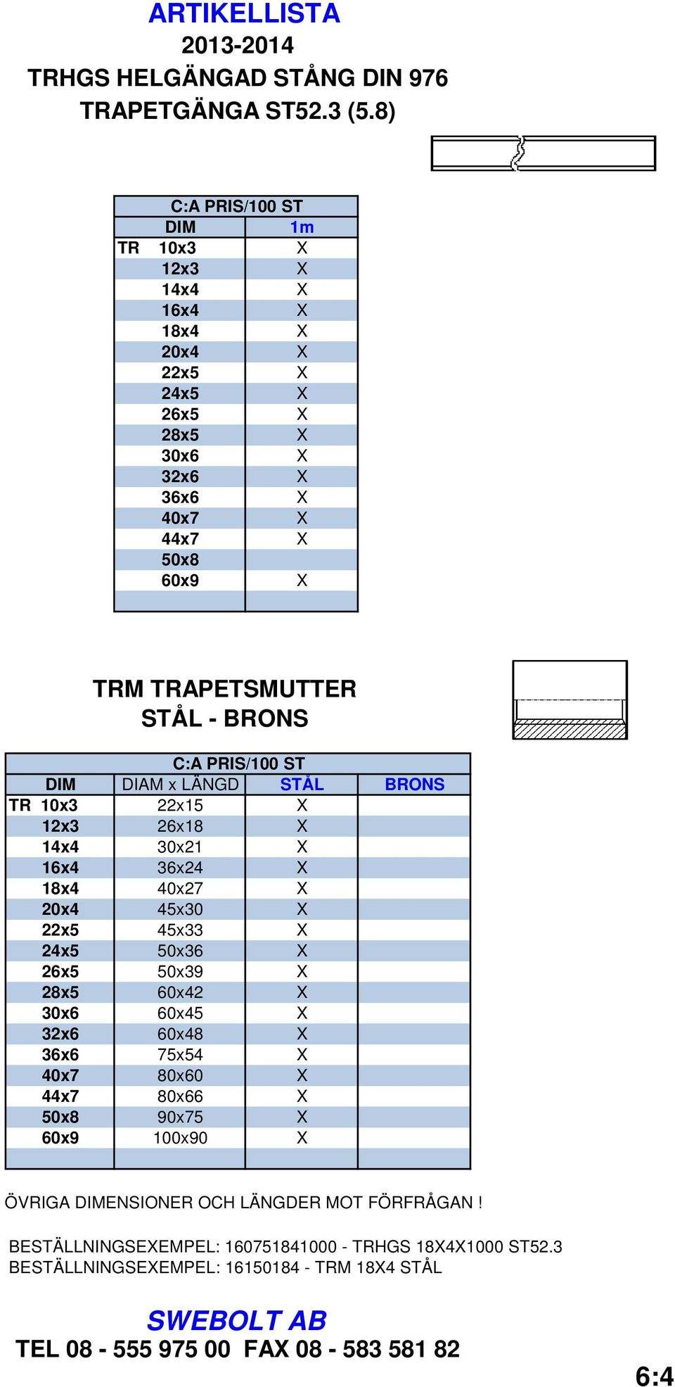 STÅL BRONS TR 10x3 22x15 12x3 26x18 14x4 30x21 16x4 36x24 18x4 40x27 20x4 45x30 22x5 45x33 24x5 50x36 26x5 50x39 28x5 60x42 30x6 60x45 32x6 60x48